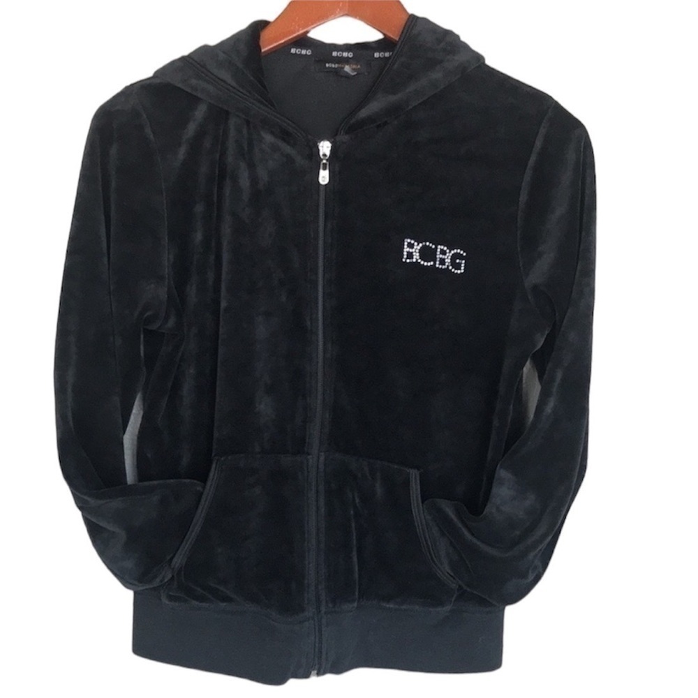 BCBGMaxAzria Black Velour Rhinestone Logo Zip-Up Hooded Jacket Medium - Picture 7 of 13